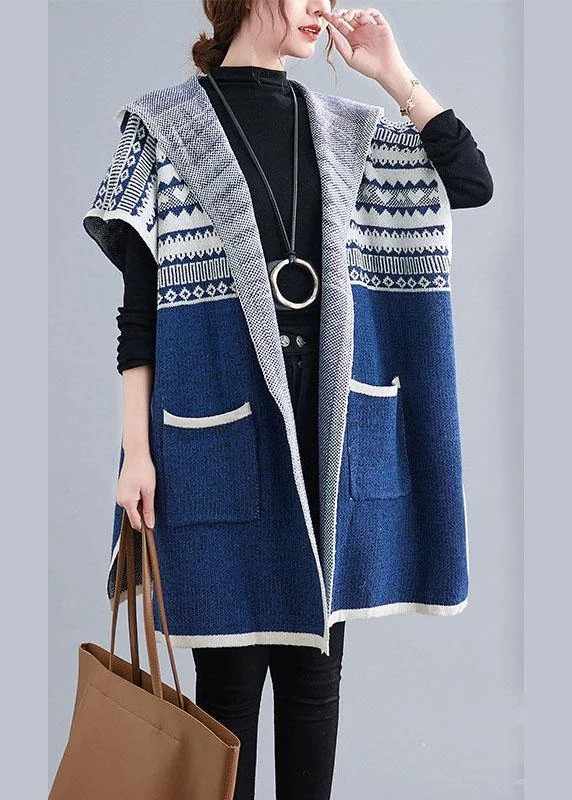 Women's Denim CoatsFrench Blue hooded Casual side open Short Sleeve Fall Knit sweaters Coat