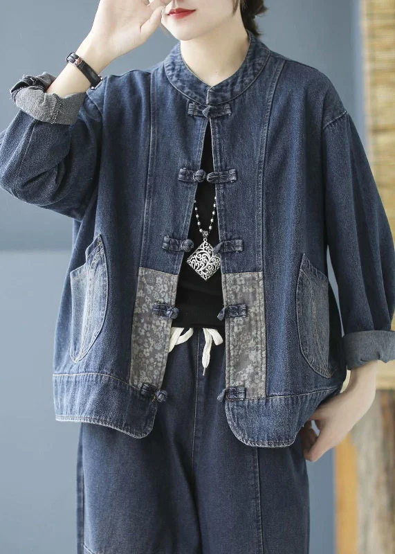 Women's Coats with Fur Trimmed CollarElegant Blue Pockets Button Patchwork Fall Denim Long sleeve Coat