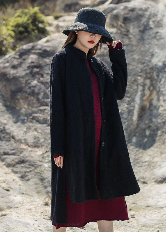 Women's Trench CoatsFrench Black Stand Collar low high design Woolen Coats Winter