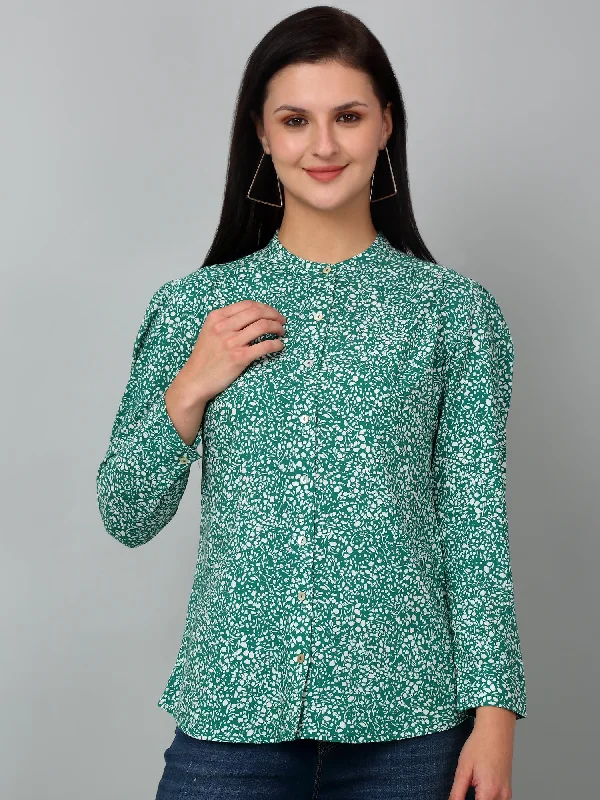 Women's Down CoatsWomen's Casual  Green Ditsy Print Mandarin Collar Tunic