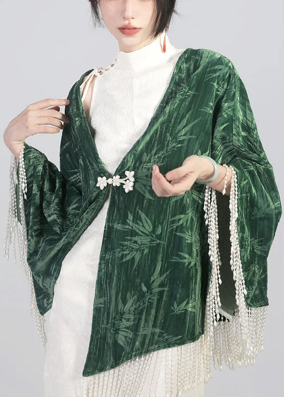 Women's Coats with Fur Trimmed CollarElegant Green Tasseled Chinese Button Cotton Cape Coats Spring