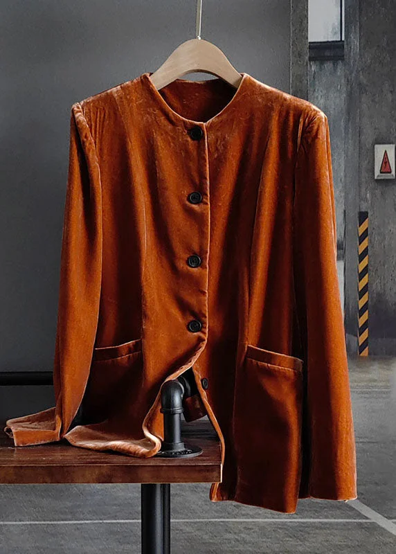 Women's Fur CoatsFashion Orange O-Neck Button Patchwork Silk Velour Coats Spring