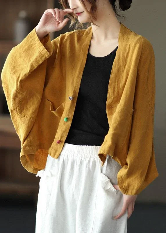 Women's Coats with Fur Trimmed HoodFine Yellow Bat wing Sleeve Pockets Coat Short