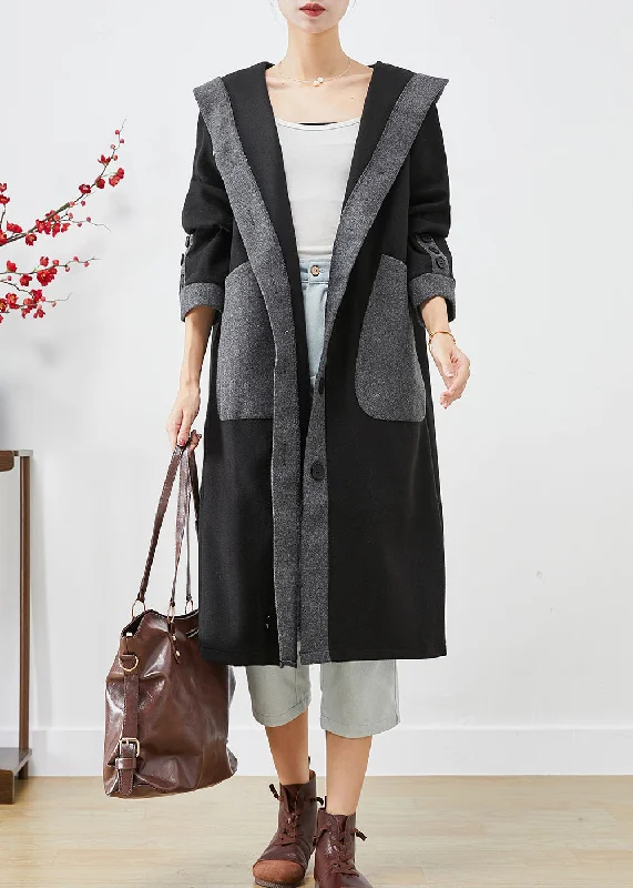 Women's Coats with ZipperFrench Black Hooded Patchwork Pockets Woolen Coat Outwear Fall