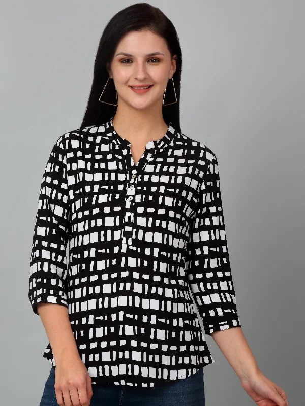 Women's Duffle CoatsWomen's Casual  Black Geometric Print Mandarin Collar Tunic