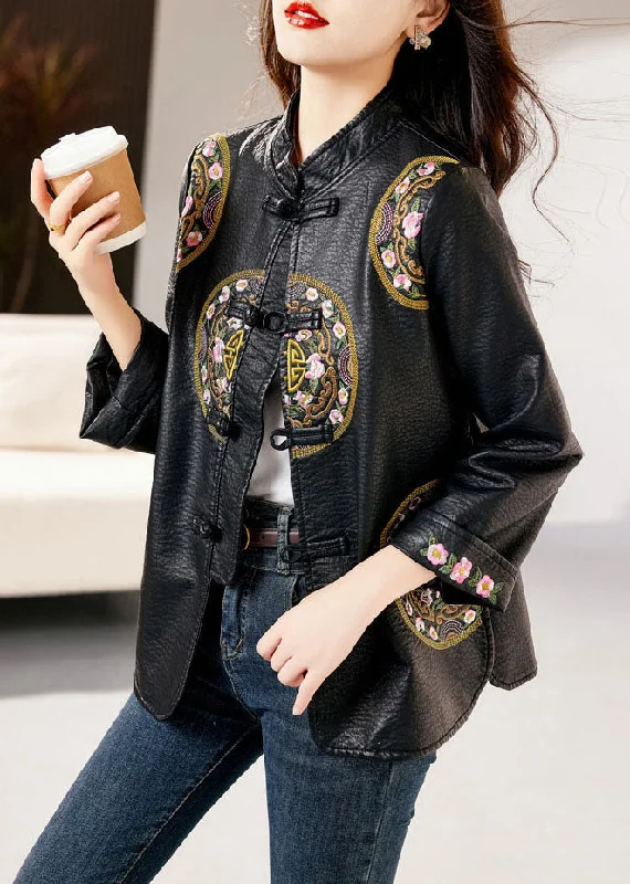 Women's Coats with Fur Trimmed ButtonsFashion Black Stand Collar Embroideried Button Faux Leather Coats Fall