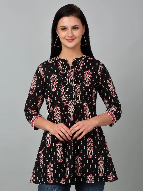 Women's Zip-Up CoatsWomen's Band Collar Black All Over Printed Short Length Kurti