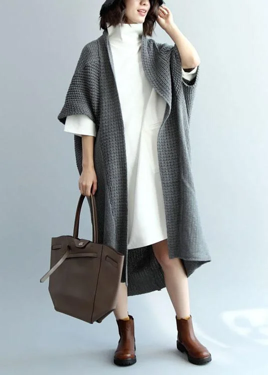 Women's Coats with ButtonsFashion Dark Gray Bat Wing Sleeve Pockets Fall Knitwear Coat