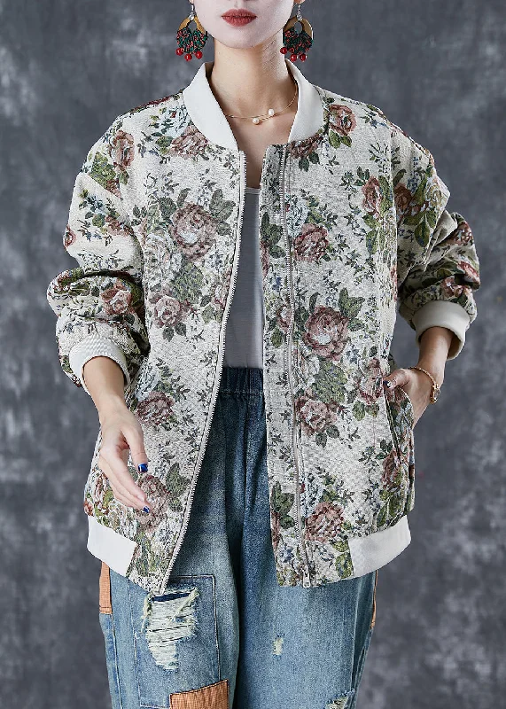 Women's Coats with Fur Trimmed BeltFashion Beige Oversized Print Cotton Jackets Fall