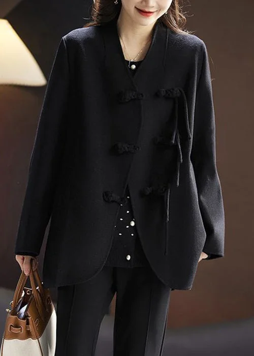 Women's Anorak CoatsElegant Black Solid Chinese Button Wool Coats Spring