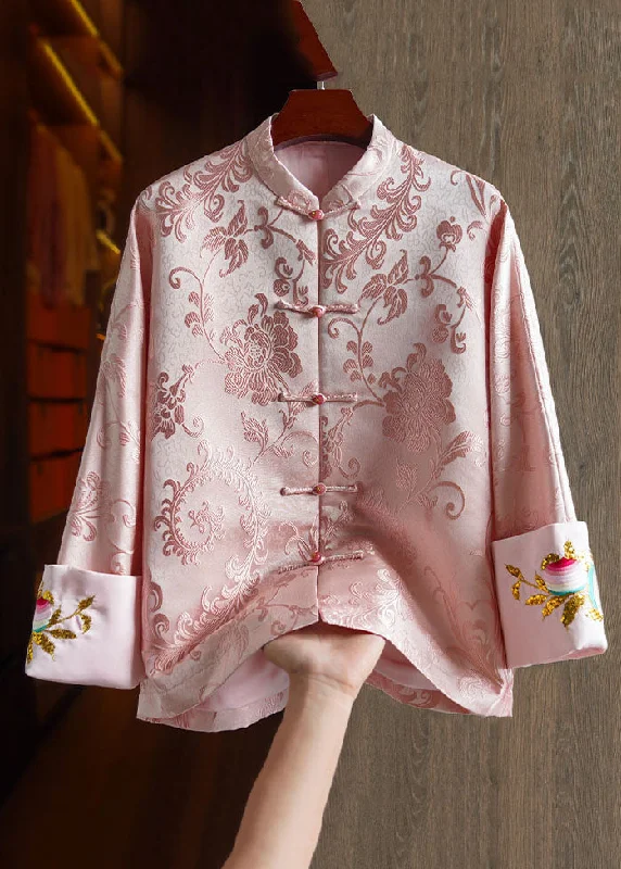 Women's Coats with Fur Trimmed ButtonsElegant Pink Stand Collar Embroideried Silk Coat Long Sleeve