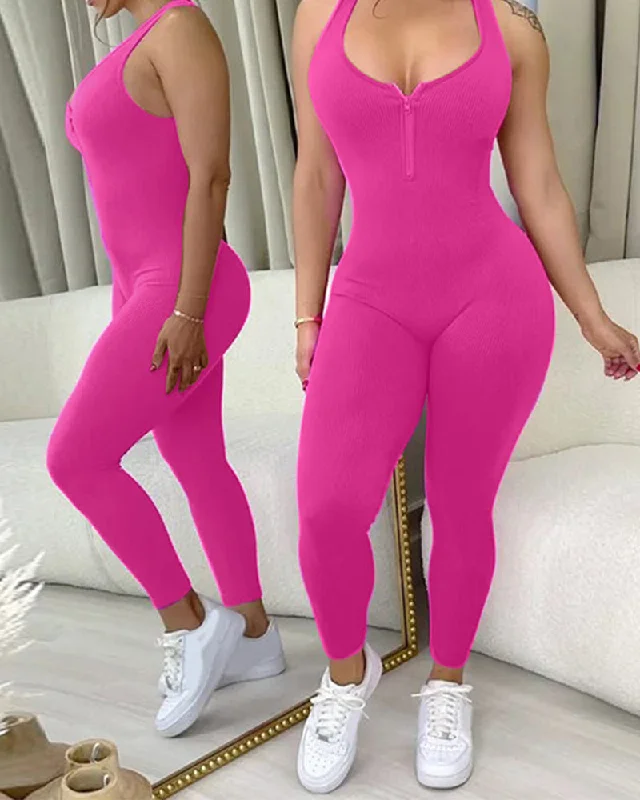 minimalist seamless brasÄrmellose Einfarbige Racerback Overalls Jumpsuit Schlank Passform Reißverschluss Bodysuit