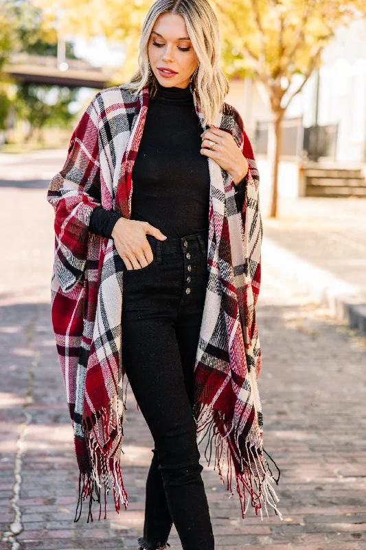 Women's Coats with Fur Trimmed SleevesLet Me Go Red Plaid Poncho