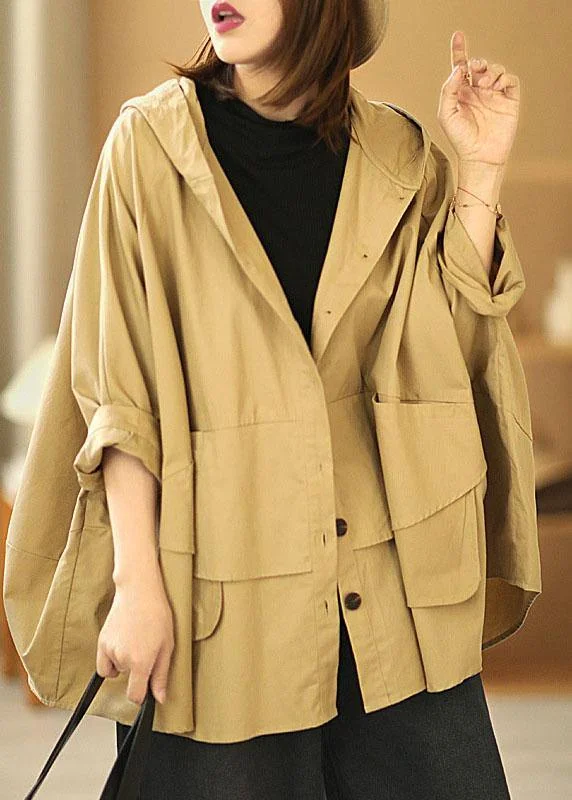 Women's Rain CoatsFashion Khaki Bat wing Sleeve Patchwork Casual Fall Hooded Coat