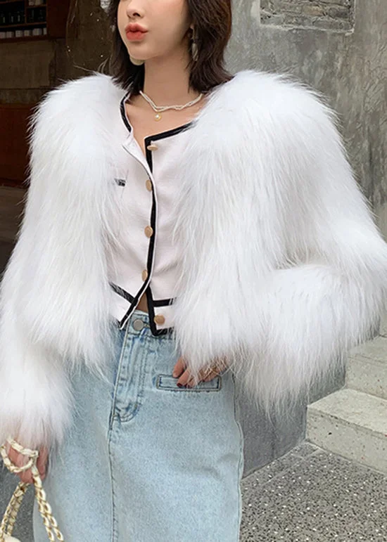 Women's Wool CoatsFashion White V Neck Patchwork Faux Fur Coat Winter