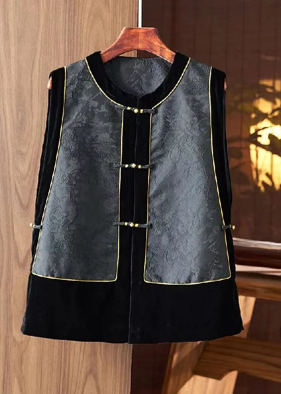 Women's Coats with Fur Trimmed ZipperFashion Black O-Neck Embroideried Silk Patchwork Waistcoat Sleeveless