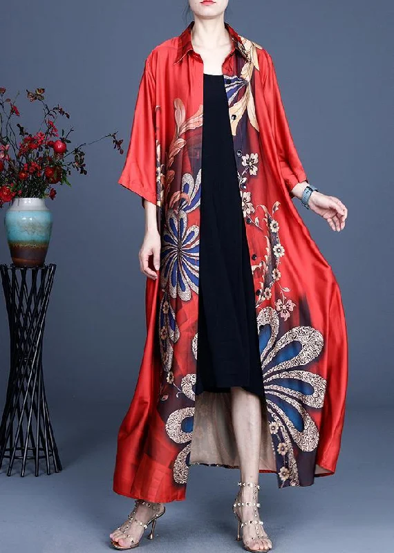 Women's Coats with BeltDIY Red Print Spring Loose Coat Long