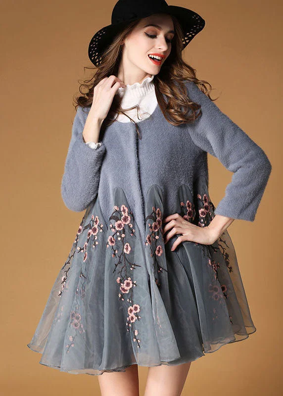 Women's Coats with Fur Trimmed CollarFine Grey Embroideried Organza Patchwork Wool Coats Winter