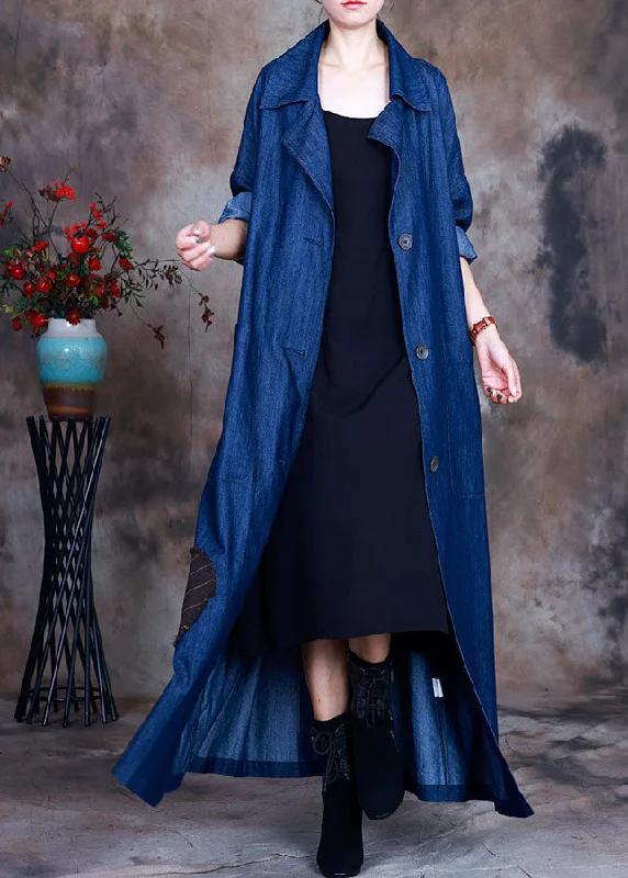 Women's Anorak CoatsFashion Blue button tie waist Peter Pan Collar Cotton denim trench coats Spring