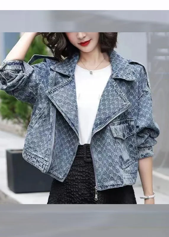 Women's Coats with HoodElegant Denim Blue Notched Zippered Plaid Coat Long Sleeve