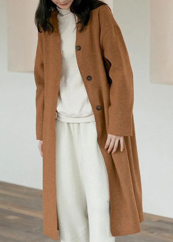 Women's PeacoatsElegant Oversize Trench Coat Women Brown V Neck Pockets Wool Coat