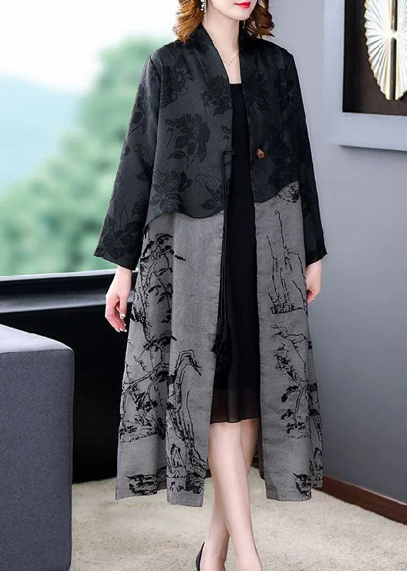 Stylish Women's CoatsElegant Black Tasseled Patchwork Print Silk Trench Coat Spring