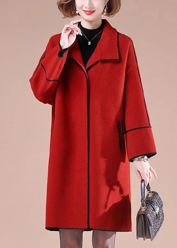 Women's Coats with Fur Trimmed ButtonsElegant Red Oversized Patchwork Woolen Coats Winter