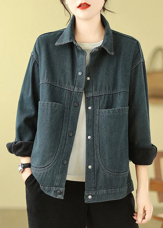 Women's Coats with Fur Trimmed ZipperElegant Navy Oversized Pockets Warm Fleece Denim Jacket Spring