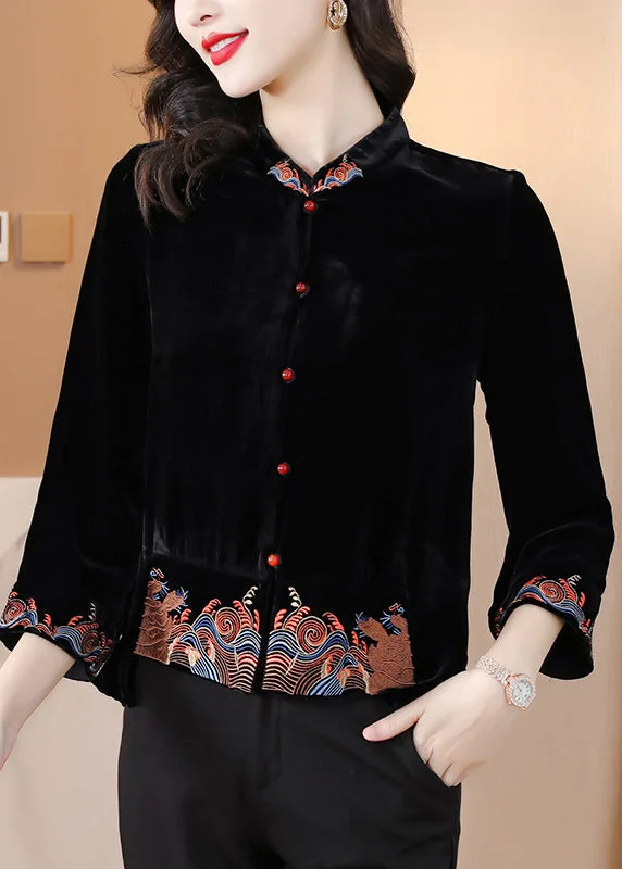 Women's Denim CoatsDIY Black Stand Collar Embroideried Silk Velour Coats Fall