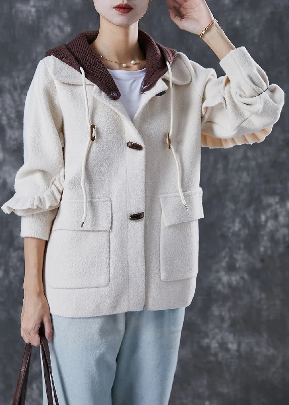 Women's Coats with Fur Trimmed BeltElegant White Hooded Patchwork Ruffled Woolen Coats Spring