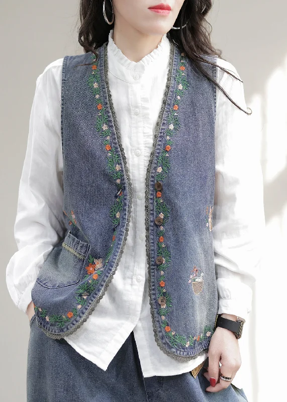 Women's Coats with CollarFashion Blue V Neck Embroideried Patchwork Denim Waistcoat Sleeveless