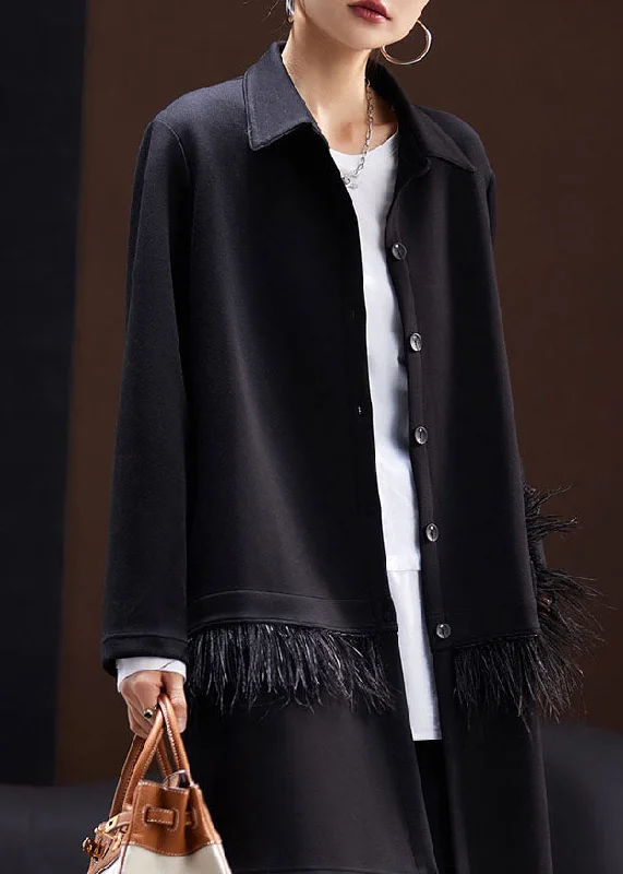 Women's Coats with Fur TrimFitted Black Peter Pan Collar Tassel Patchwork Coats Long Sleeve