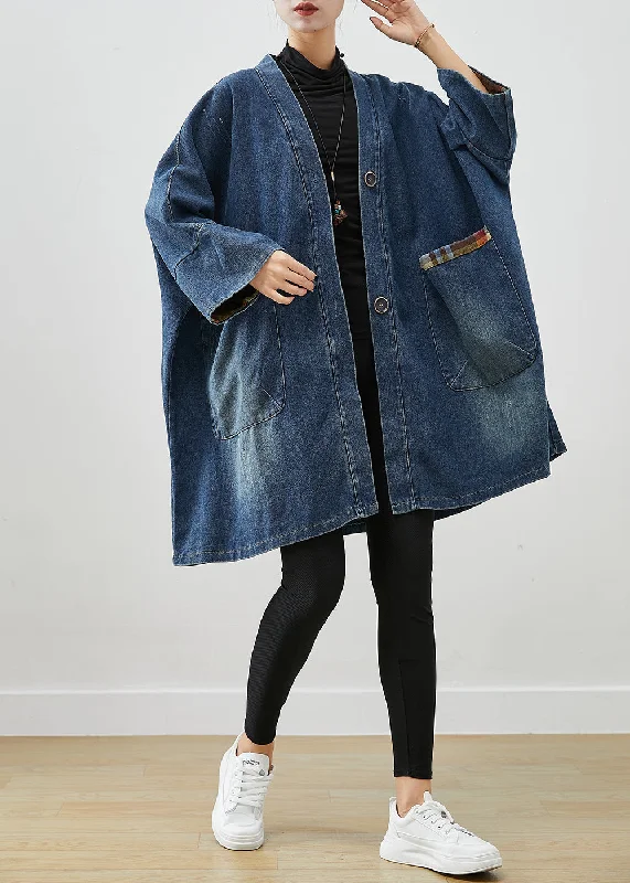 Women's Coats with Fur Trimmed ZipperFashion Blue Oversized Patchwork Denim Coats Fall