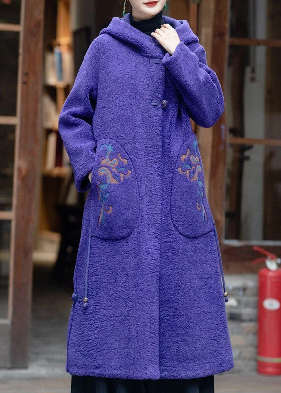 Women's Winter CoatsElegant Purple Hooded Embroideried Tassel Teddy Faux Fur Coats Winter