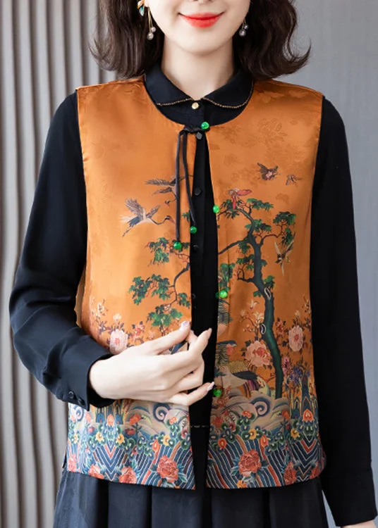 Women's Coats with Fur TrimElegant Orange O-Neck Print Button Side Open Silk Waistcoat Spring