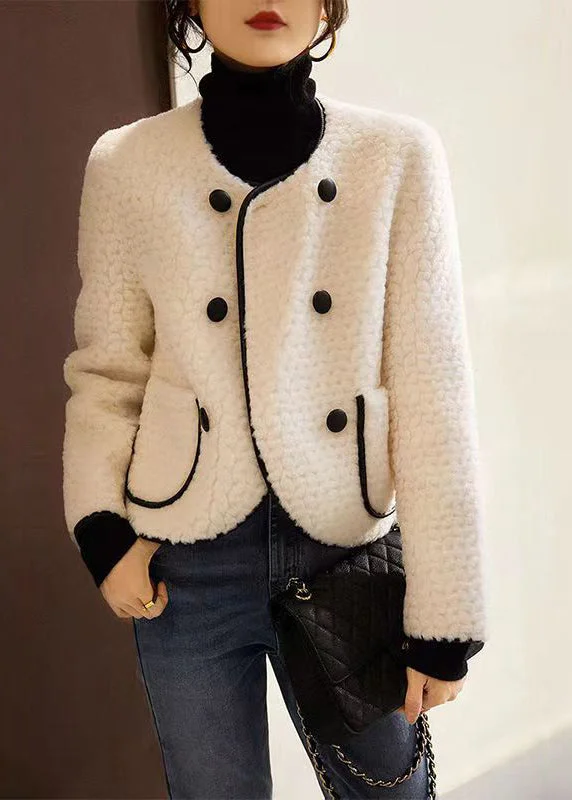 Women's Coats with Fur Trimmed ButtonsFrench Beige O Neck Pockets Patchwork Wool Coats Winter