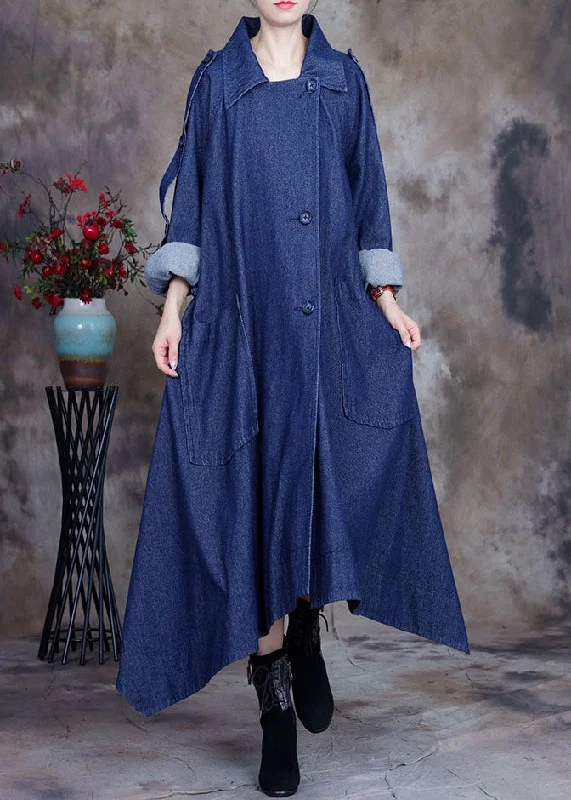 Women's Zip-Up CoatsFashion Blue asymmetrical design button Peter Pan Collar Cotton denim trench Coats Spring