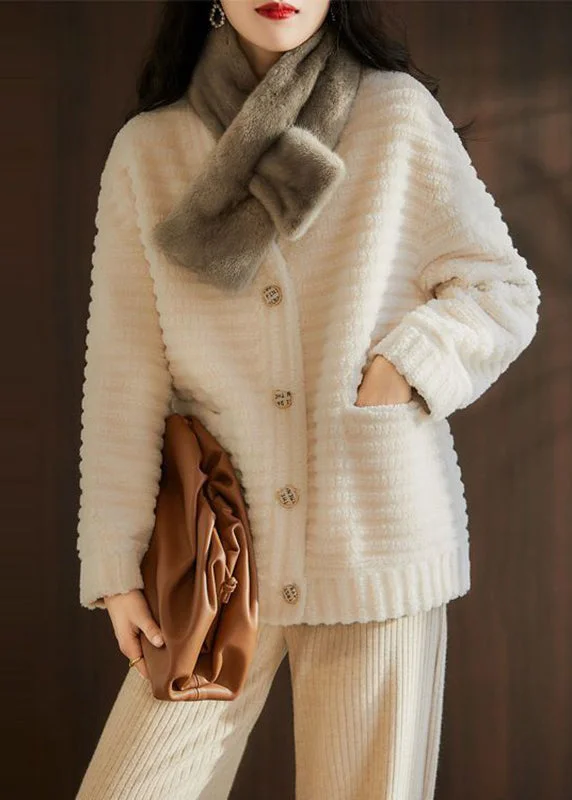 Women's Coats with Fur Trimmed PocketsFrench Beige V Neck Pockets Patchwork Wool Jackets Winter