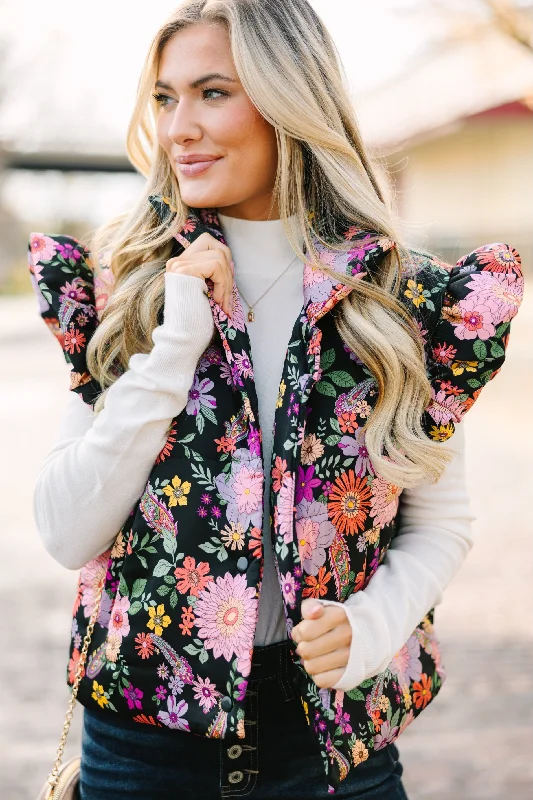 Women's Coats with Fur Trimmed SleevesBe True To You Black Floral Vest