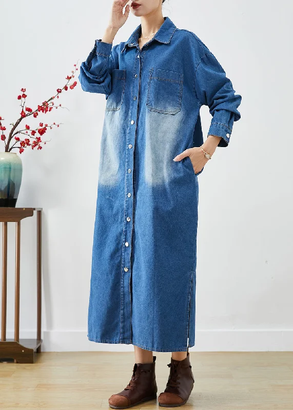 Women's Blazer CoatsFashion Blue Button Down Side Open Denim Trench Coats Fall