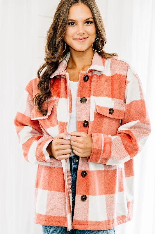 Women's Coats with Fur Trimmed SleevesIt's All You Coral Pink Plaid Shacket