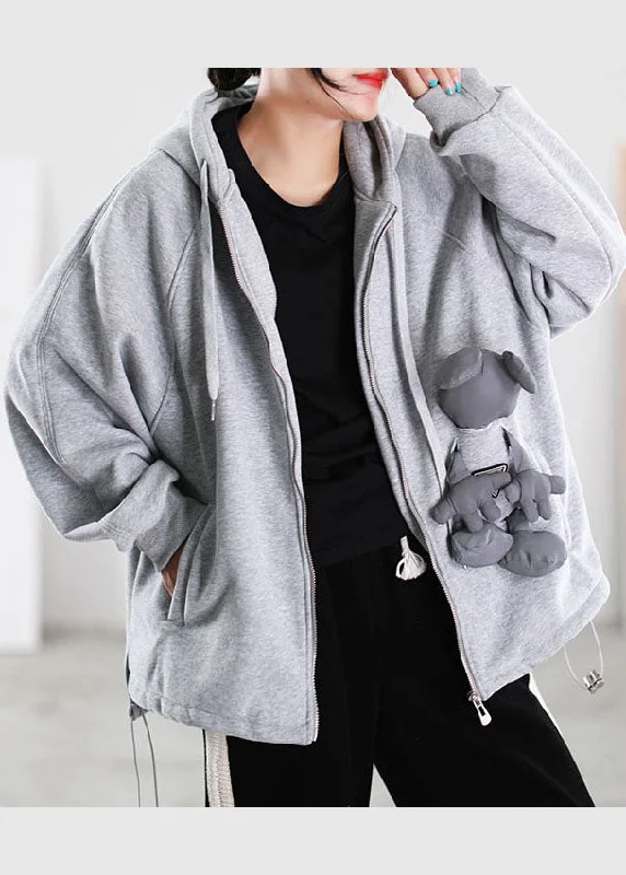 Women's Button-Up CoatsFine Grey Hooded Pockets Warm Fleece Sweatshirts Top Spring Coat