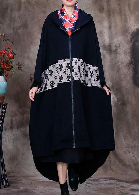 Women's Coats with Fur Trimmed ButtonsElegant Black hooded Cloak Sleeves asymmetrical design Winter Coat