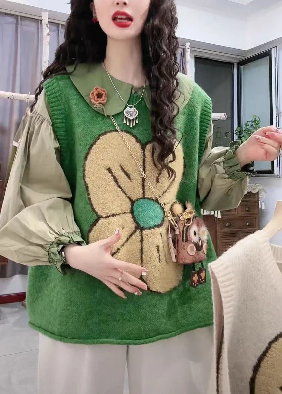 Women's Puffer CoatsDIY Green O-Neck Print Cotton Knit Waistcoat Fall