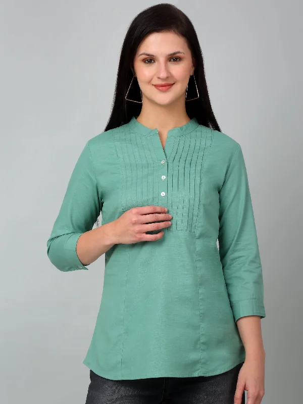 Women's Denim CoatsWomen's Casual  Light Green Solid Mandarin Collar Tunic