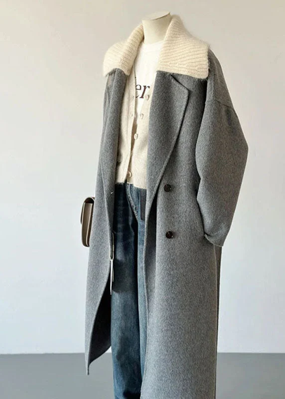 Women's Coats with Fur Trimmed SleevesElegant Grey Peter Pan Collar Pockets Knit Patchwork Woolen Long Coats Long Sleeve