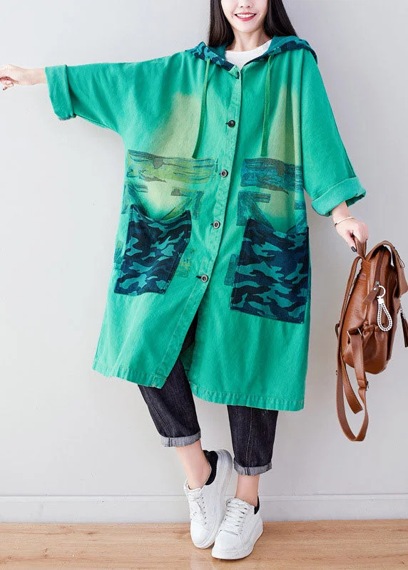 Women's PeacoatsFashion Green Hooded Print Cotton Hoodie Coat Spring