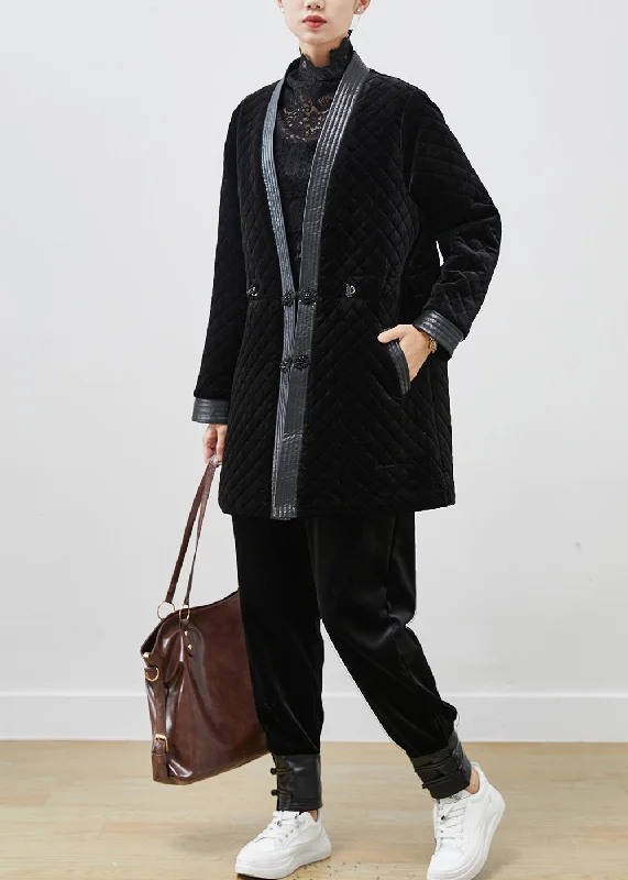 Women's Winter CoatsElegant Black Chinese Button Patchwork Silk Velour Coat Winter