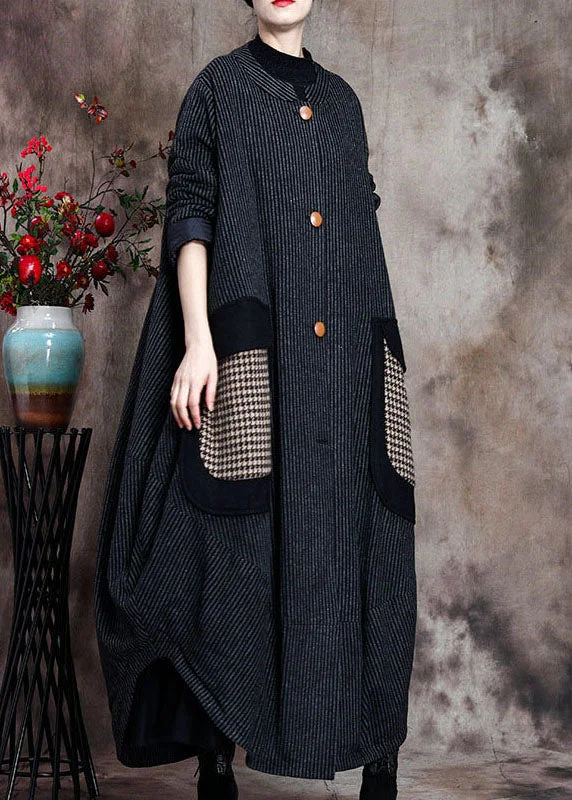 Women's Coats with Fur Trimmed PocketsDIY Grey Asymmetrical Striped Woolen Coats Winter