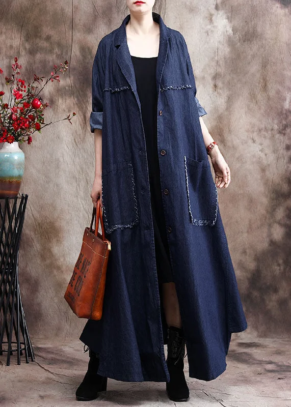 Women's Coats with Fur Trimmed ButtonsFrench Denim Blue Peter Pan Collar Patchwork Tassel Cotton Trench Coats Long Sleeve